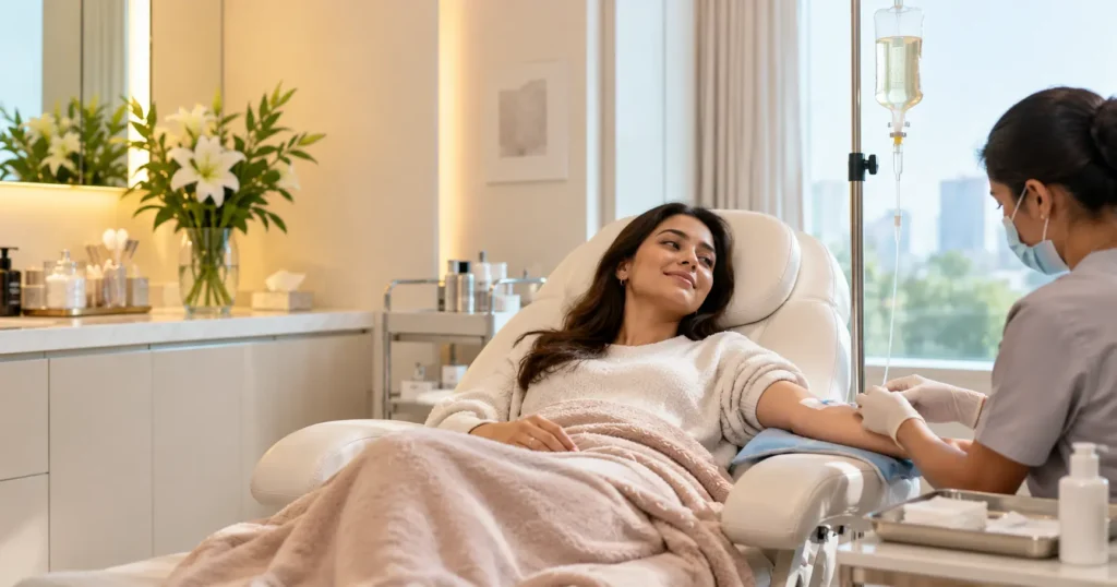 Calm IV drip treatment room with a reclining chair and drip stand at Glam Korean Skin Studio, Andheri West, Mumbai