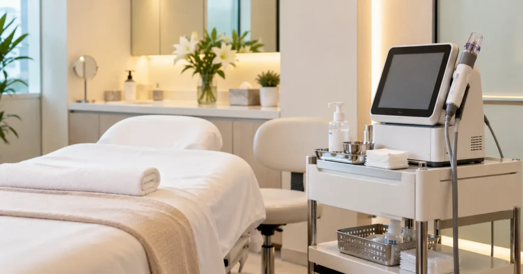 Clean skin treatment room at Glam Korean Skin Studio with a treatment bed and device trolley, Andheri West, Mumbai