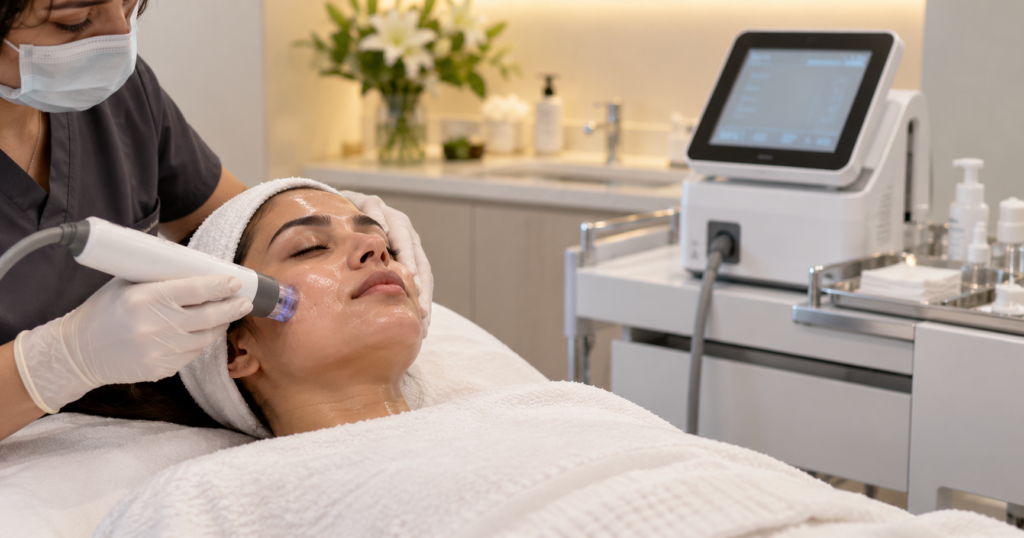 Facial room with fresh linen and a Hydrafacial device on its trolley at Glam Korean Skin Studio, Andheri West, Mumbai